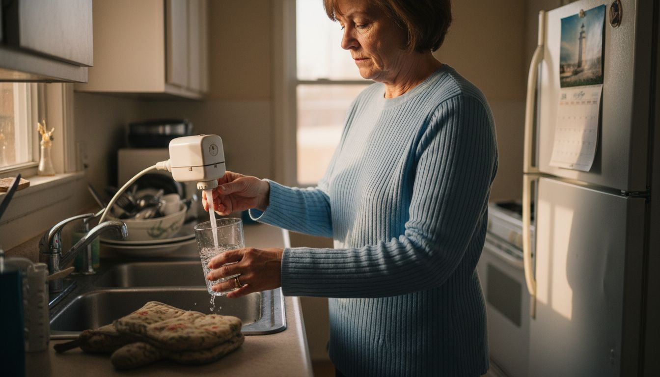 Woman filtering tap water in kitchen