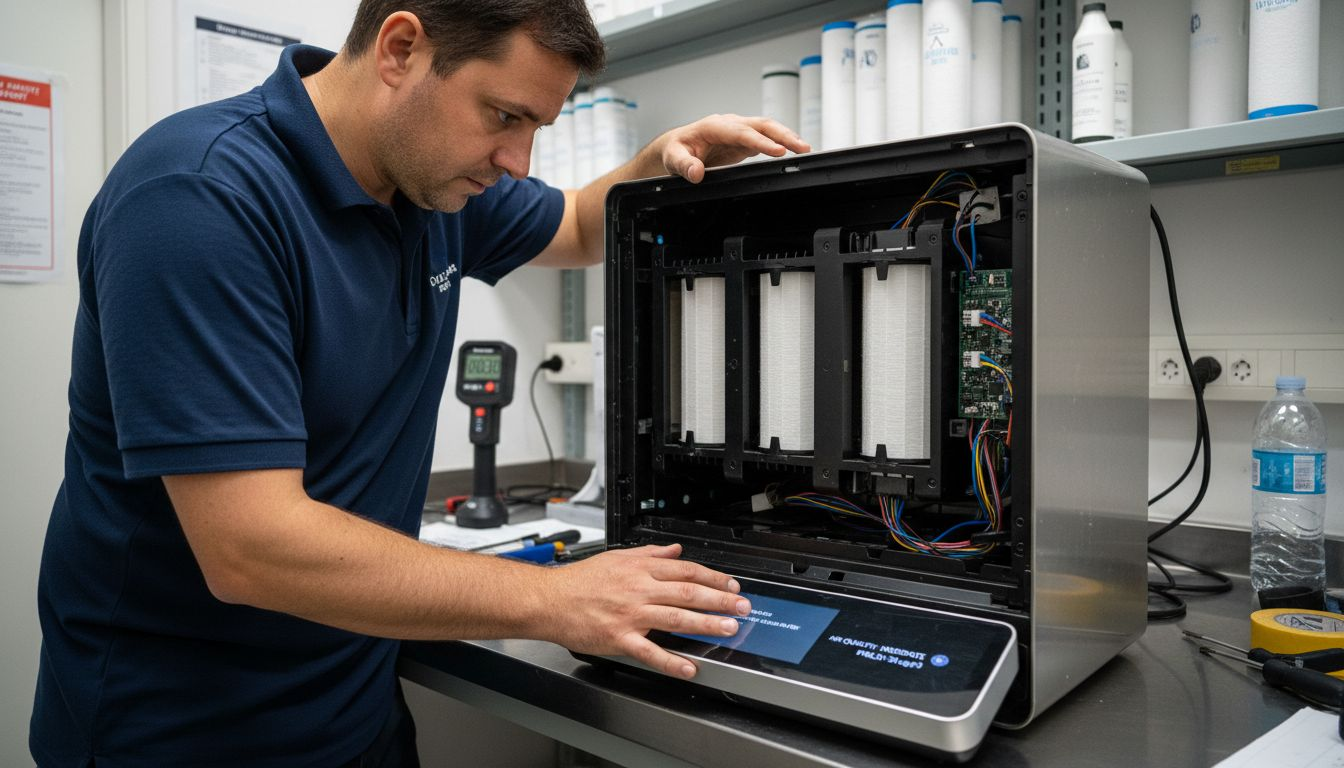 Technician examines modern air purifier components