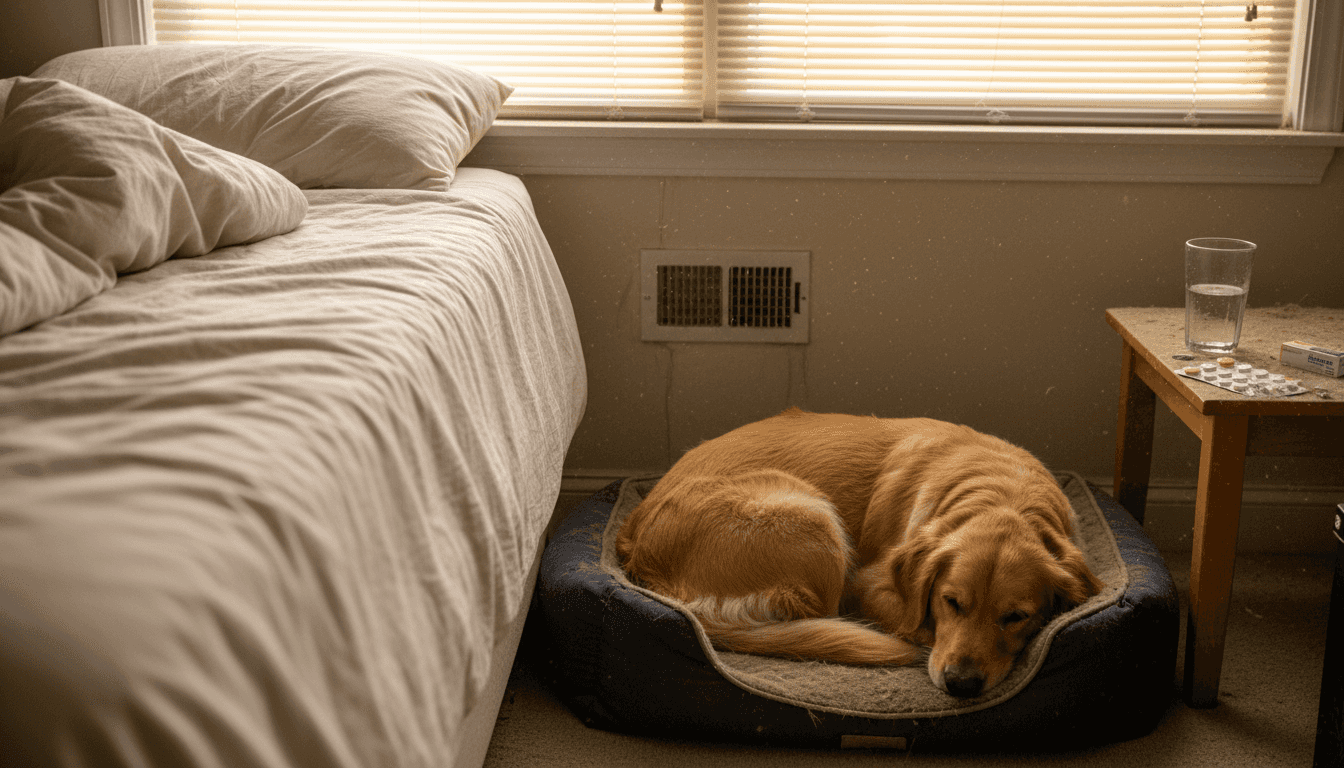 Bedroom corner showing allergen accumulation spots