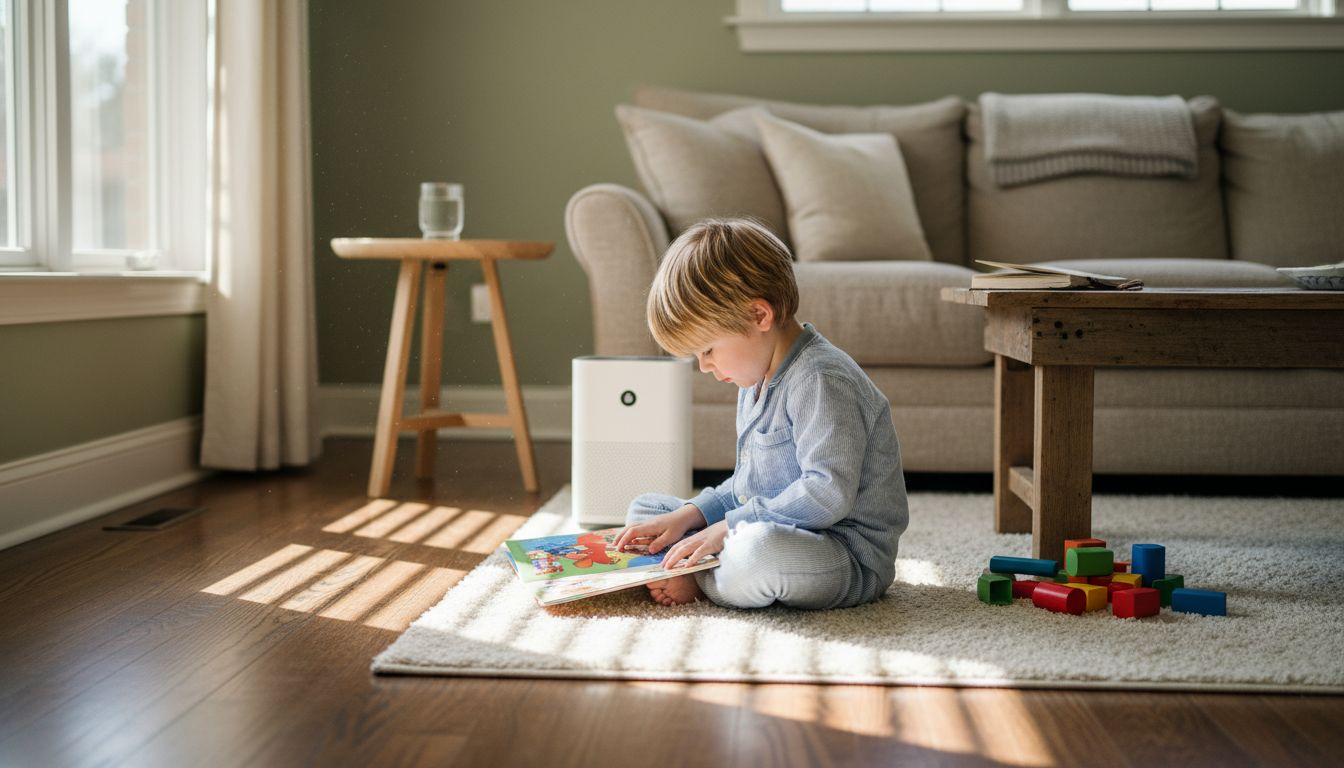 Child reading near HEPA air purifier