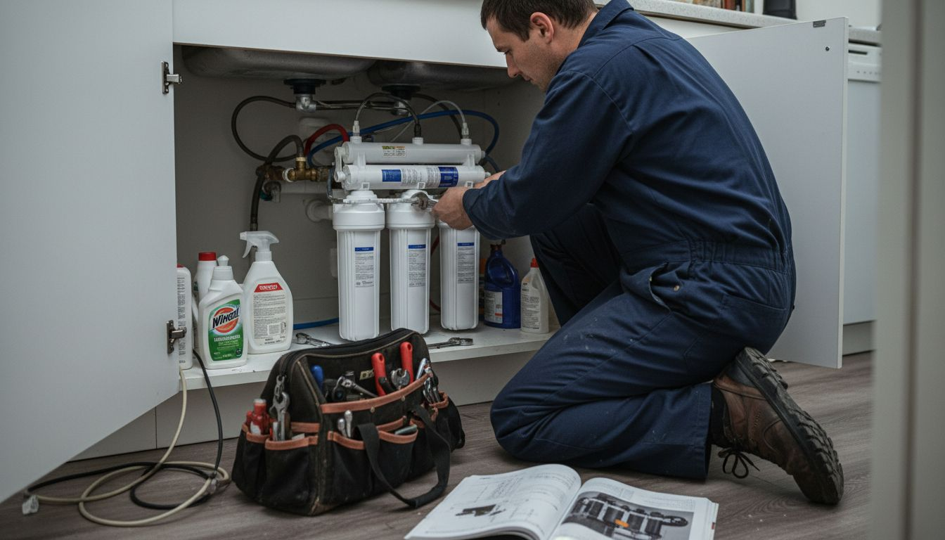 Plumber installs reverse osmosis filter system