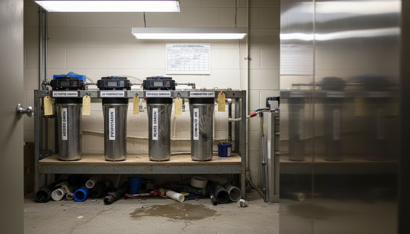 Four office water purification systems side by side