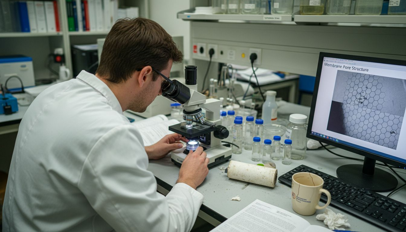 Technician studying filtration membrane under microscope