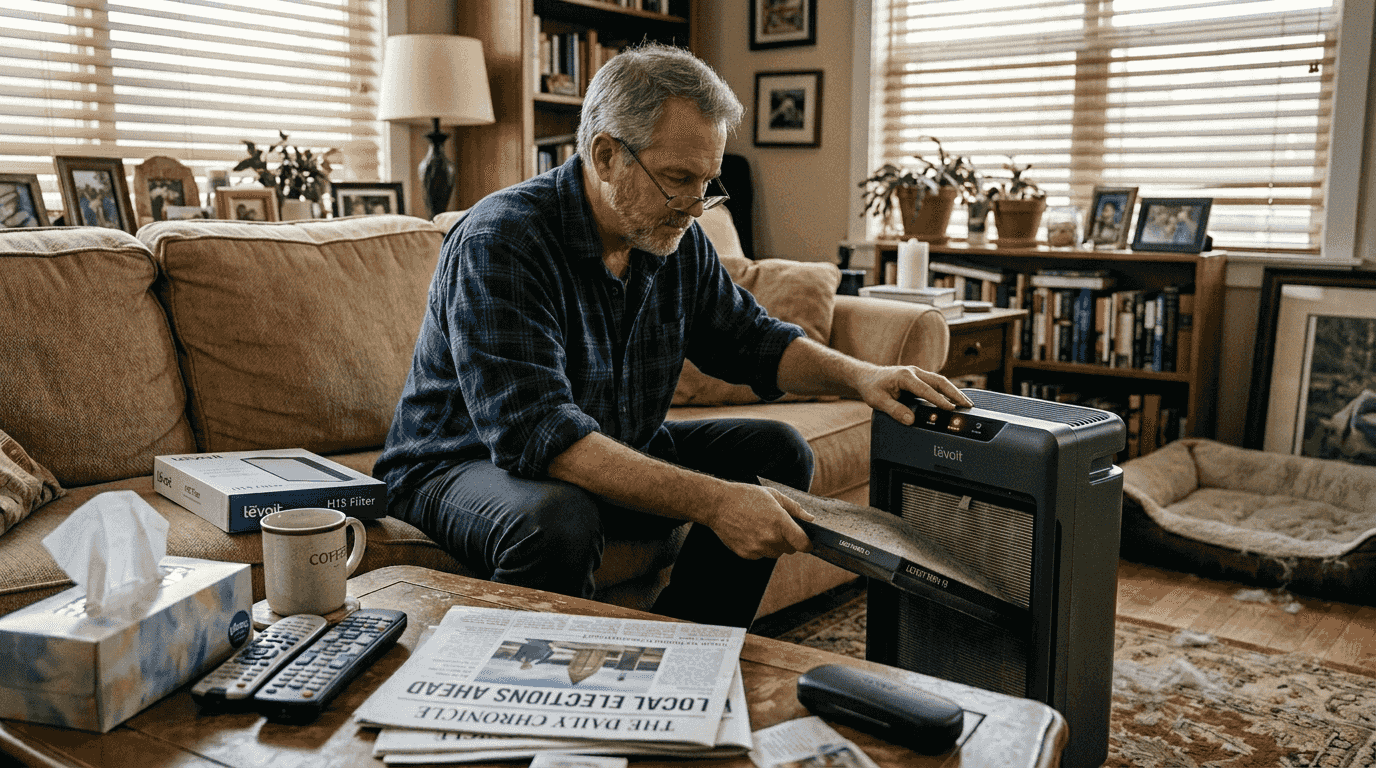 Man replaces air purifier filter near alert