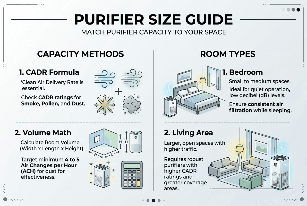 Infographic shows air purifier size and room types