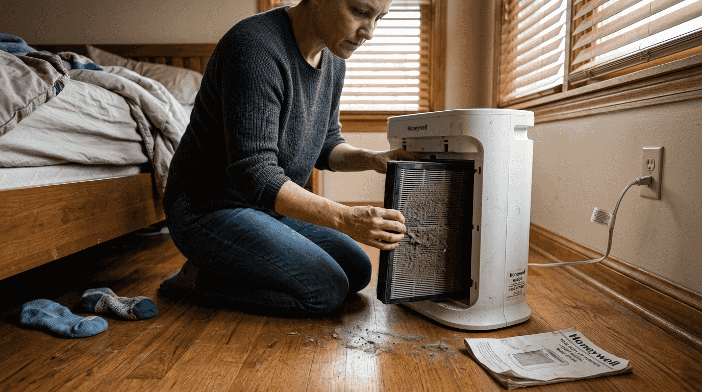 Homeowner changing used HEPA filter