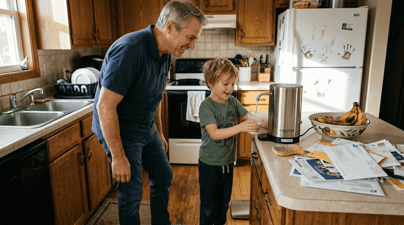 Father and son using hands-free water dispenser at home