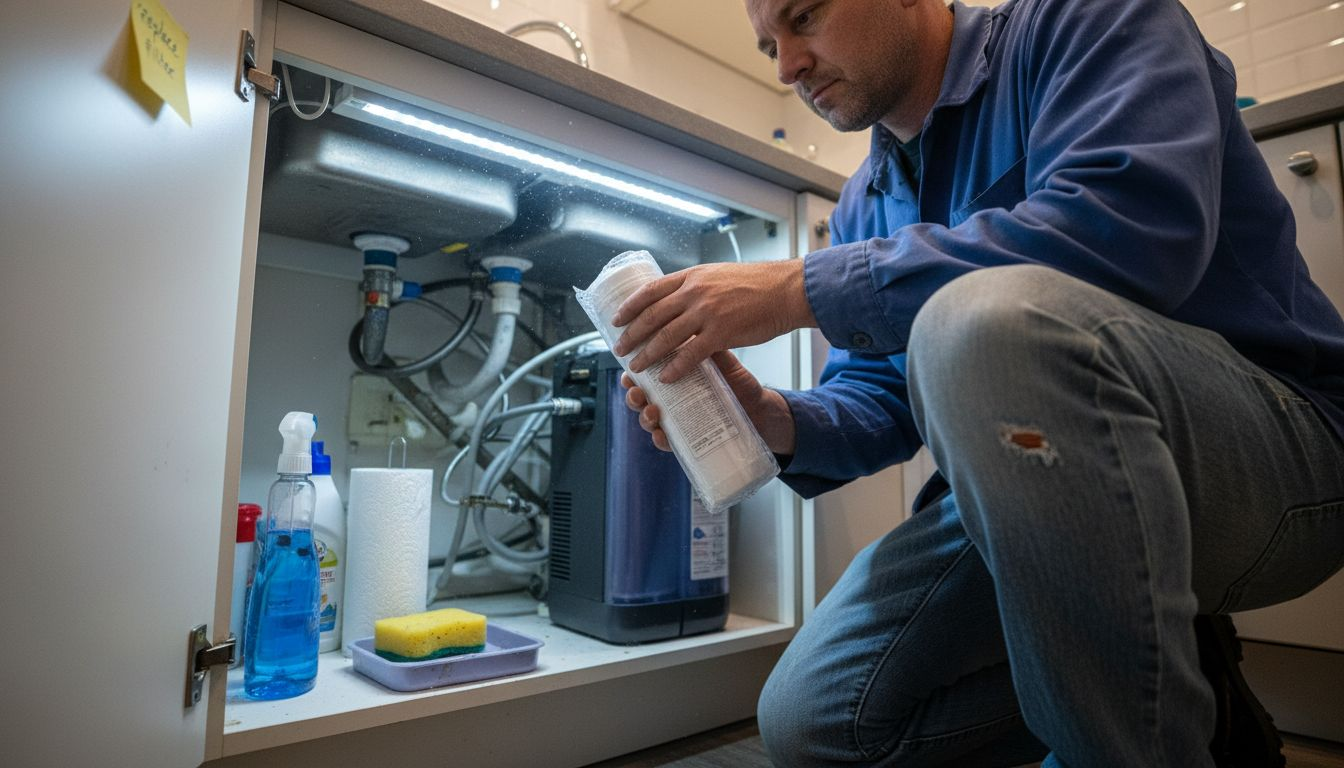 Technician inspecting mineral cartridge in purifier