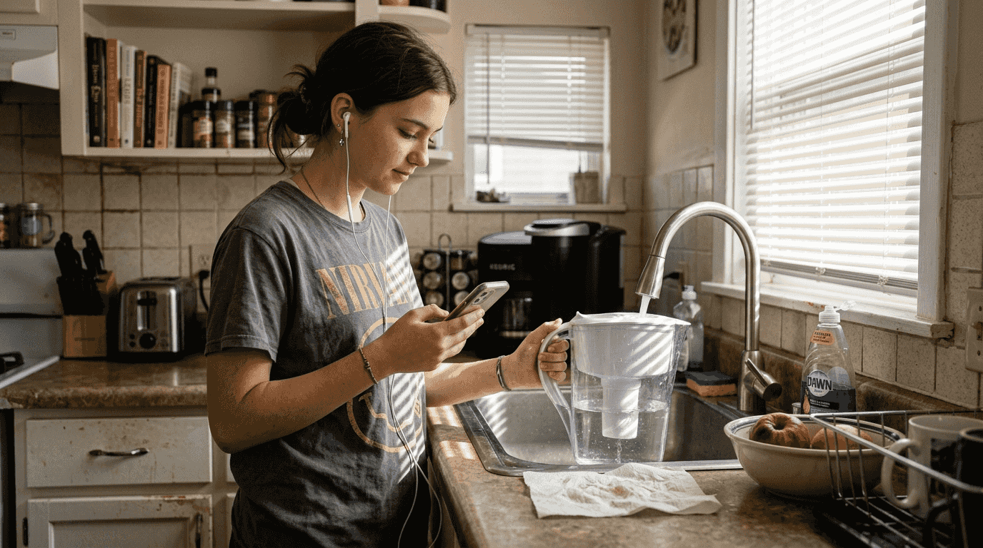 Teen refills pitcher filter in lived-in kitchen