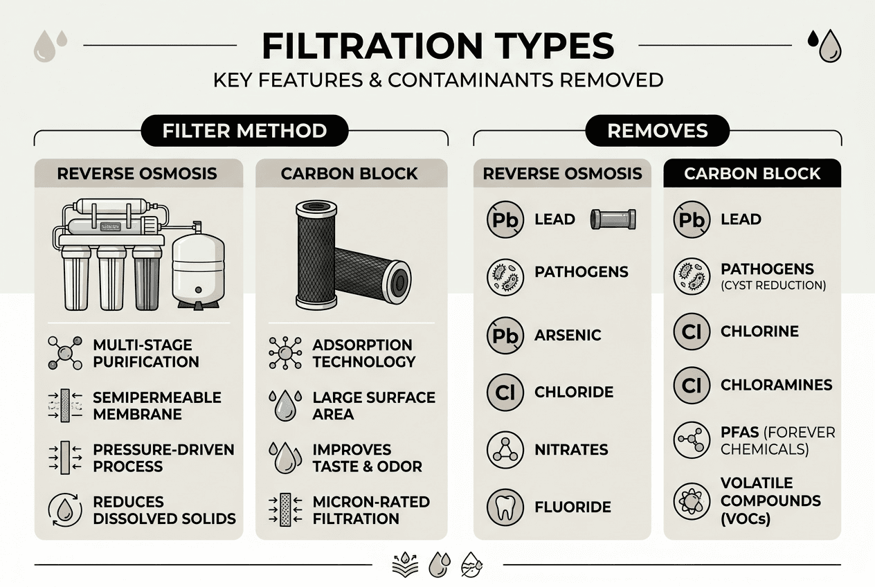 Infographic comparing filtration methods and contaminants