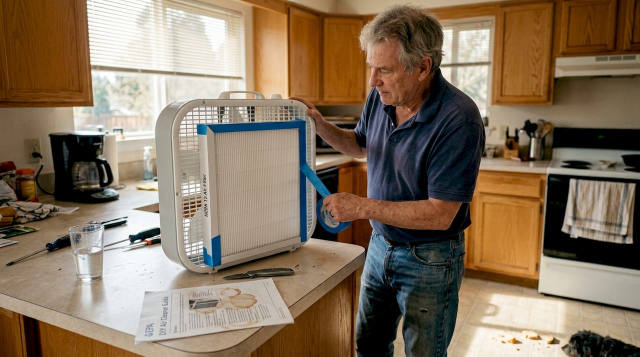 Man assembling box fan air purifier