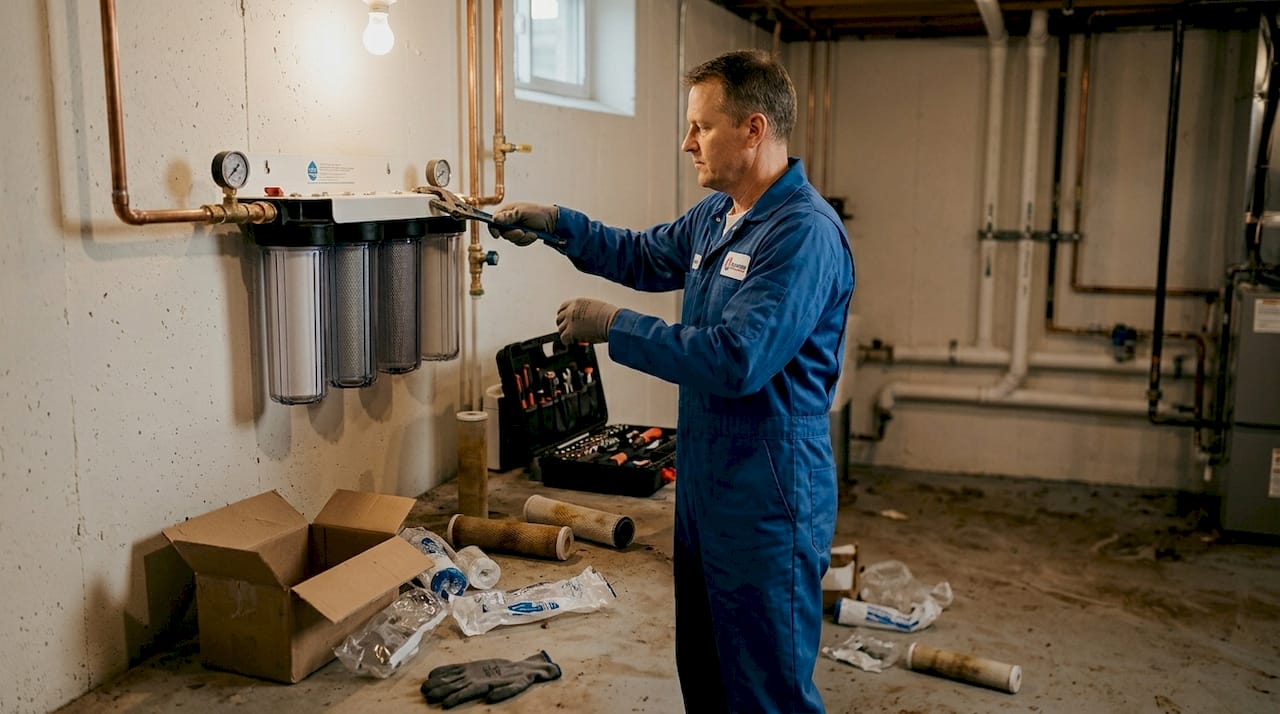 Technician installing whole house water filter