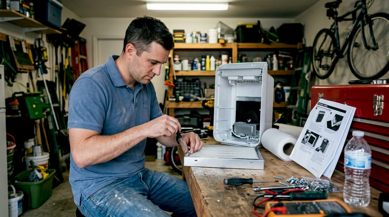 Technician assembling HEPA air purifier filter