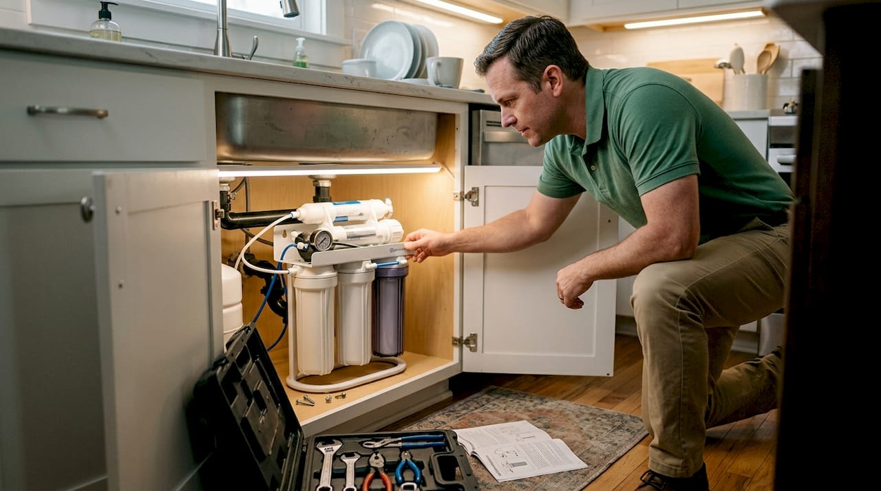 Person inspecting reverse osmosis filter