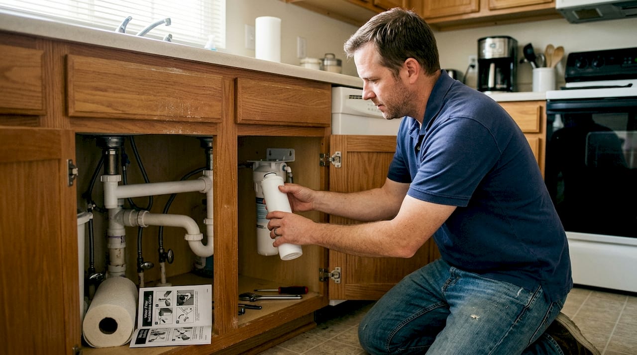 Man installing water filter under sink