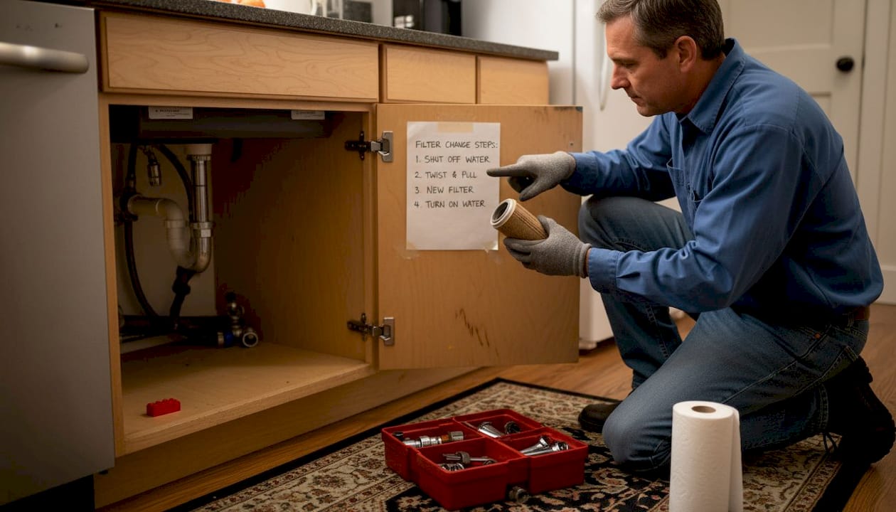 Man changes sediment filter under kitchen sink