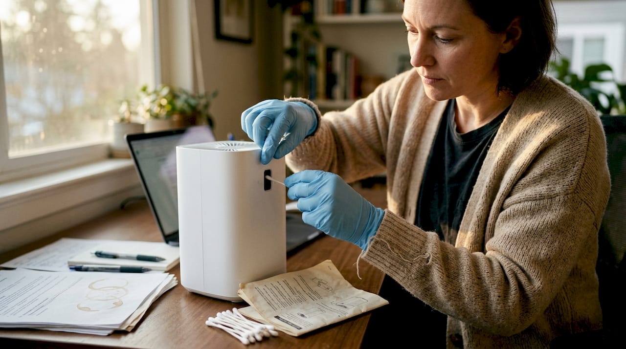 Woman cleaning air purifier sensor