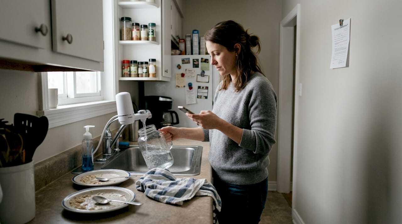 Woman uses water purifier in lived-in kitchen