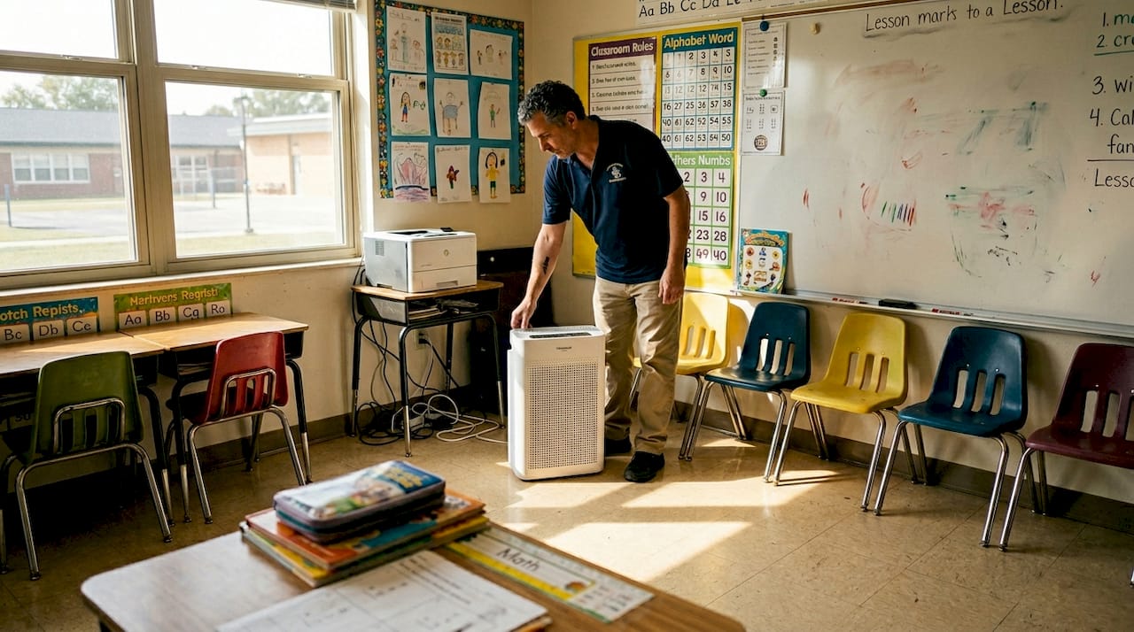 Custodian adjusting air purifier in classroom