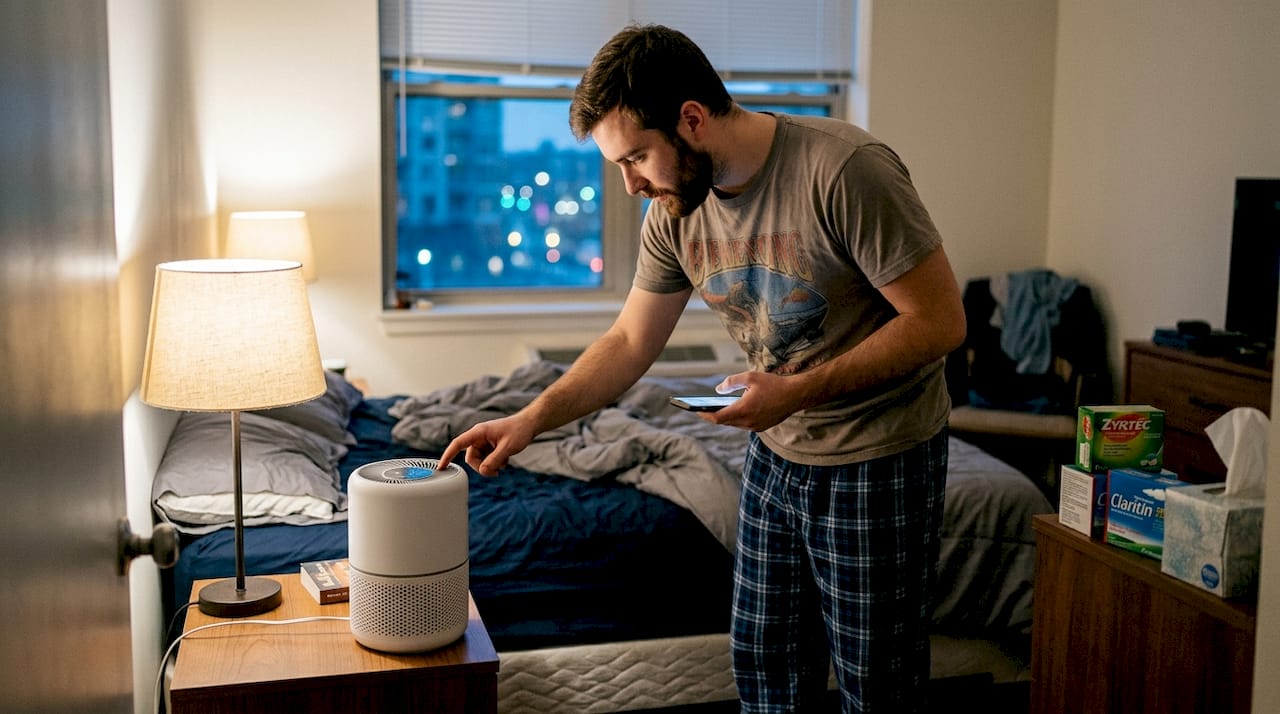Man setting bedroom air purifier before sleep