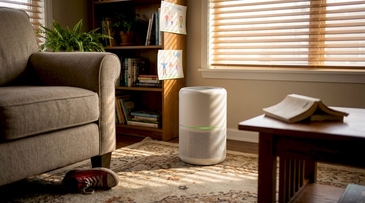 Air purifier running in cluttered living room