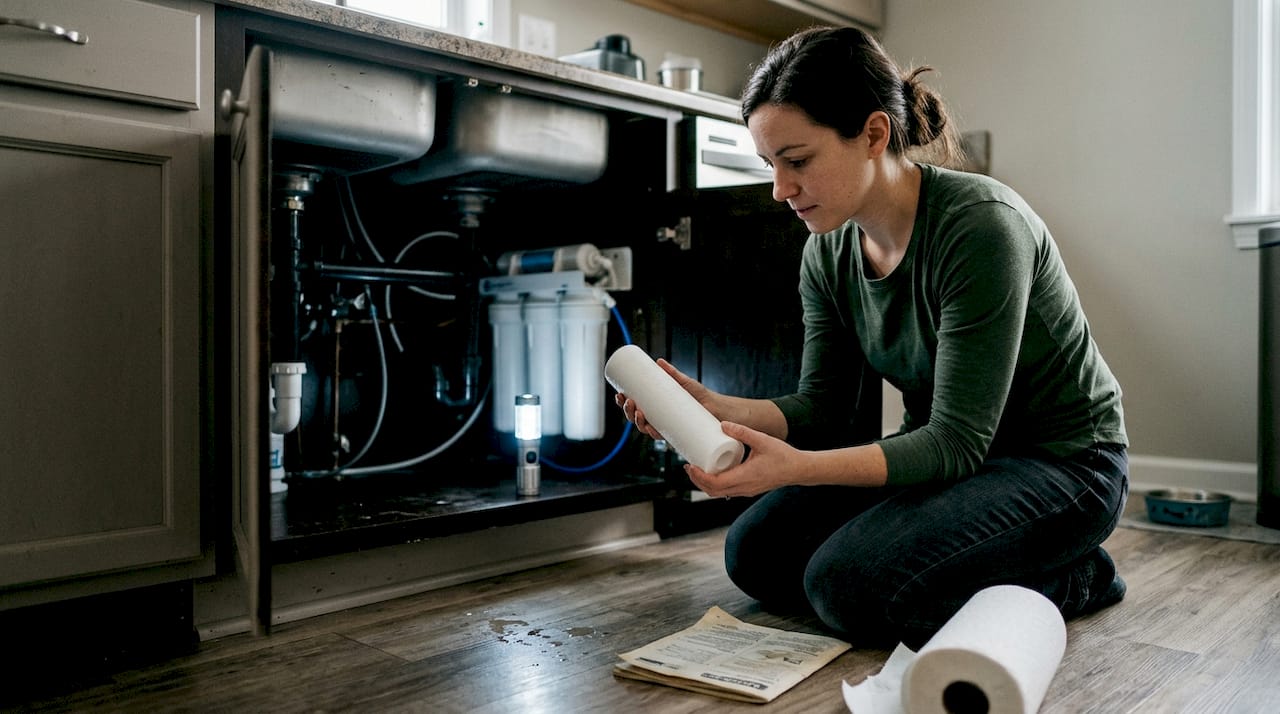 Woman checking pre-filter under kitchen sink