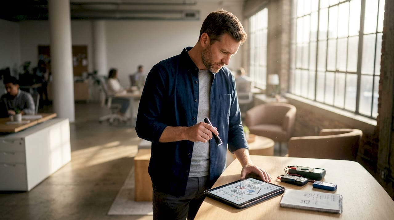 Man inspecting dusty HVAC vent at home
