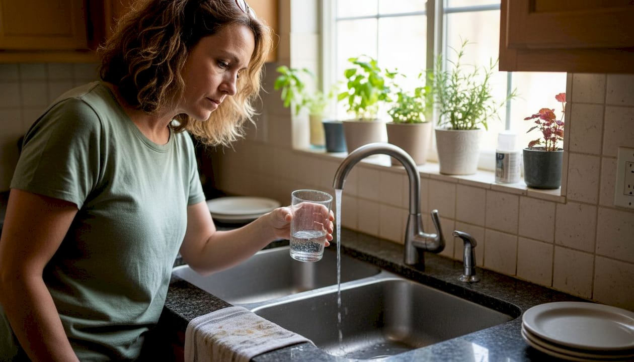 Woman checking tap water clarity