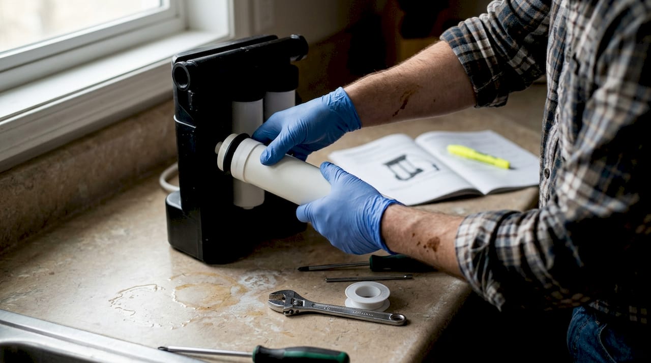 Technician installs RO membrane in purifier