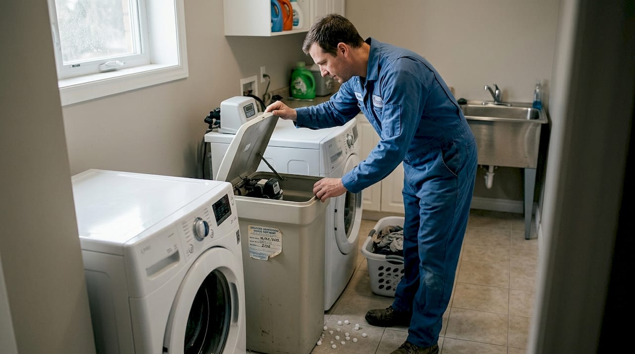 Technician inspects salt-based softener mechanism