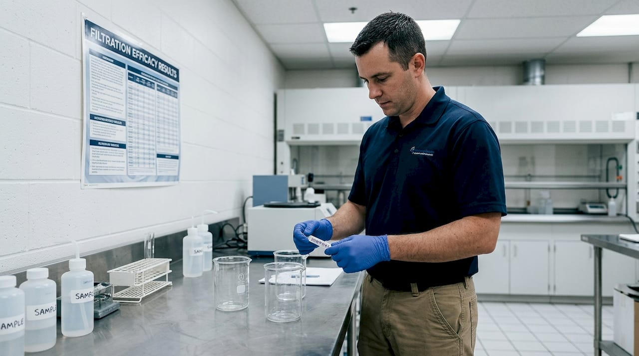 Lab technician testing antibacterial water filter