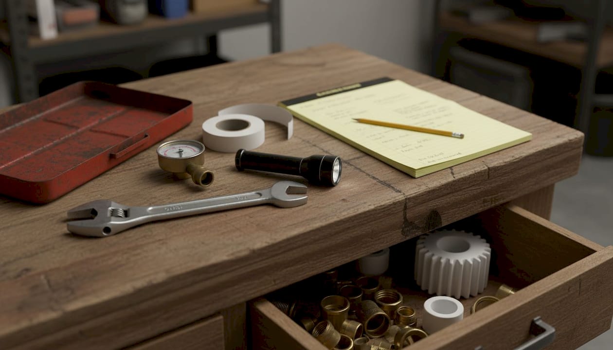 DIY plumbing tools laid out on workbench