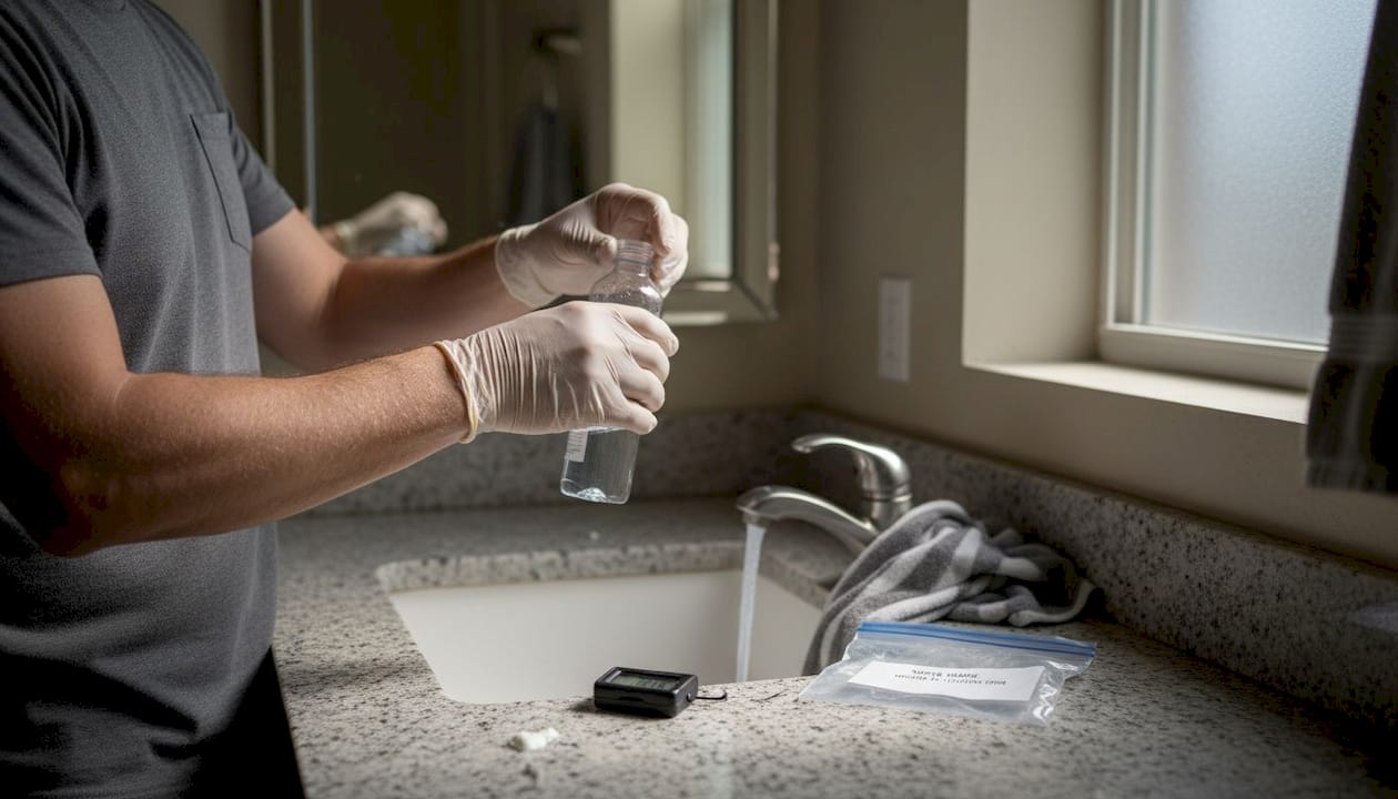 Man preparing water sample at bathroom sink