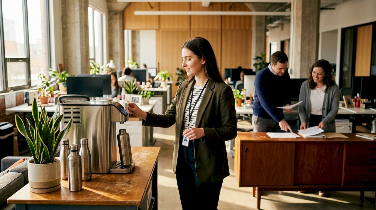 Employee using filtered touchless water dispenser