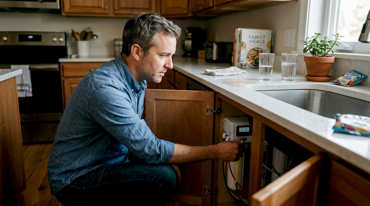 Man inspecting home water filtration system