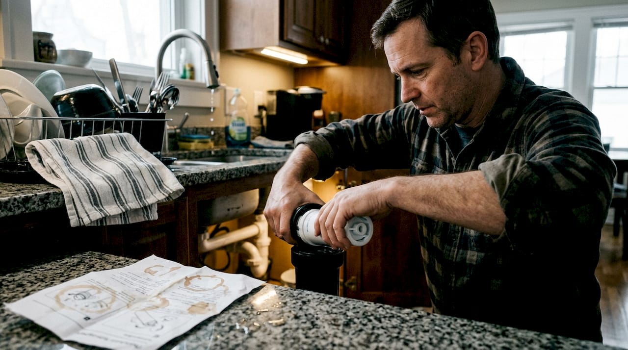 Man installing kitchen water filter