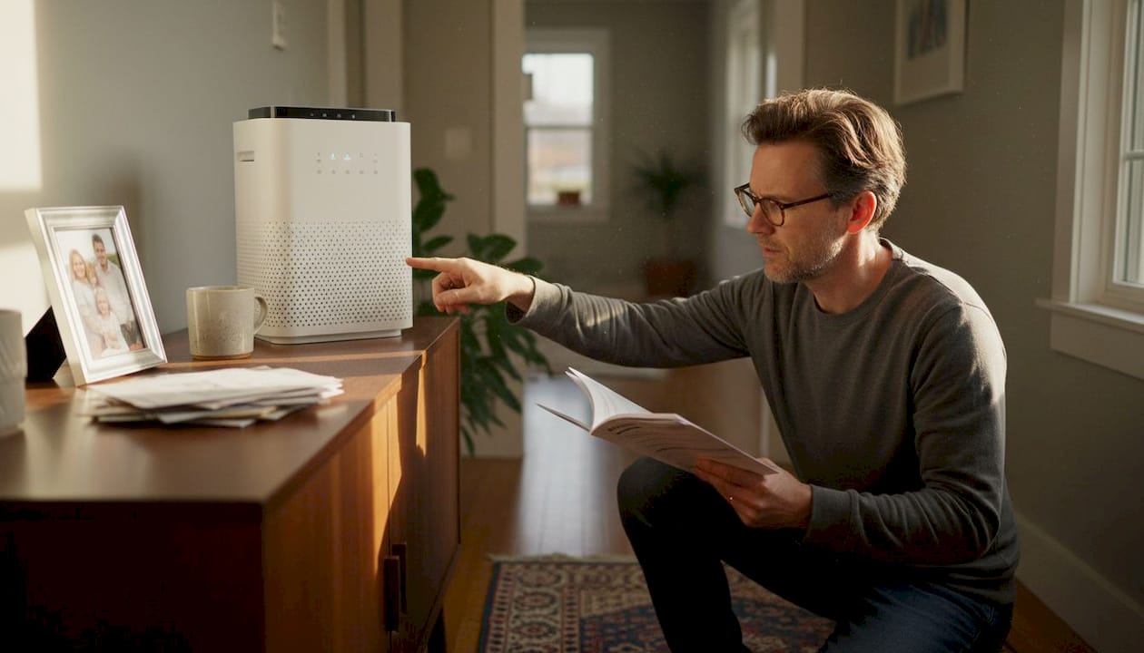 Man referencing manual to fix air purifier