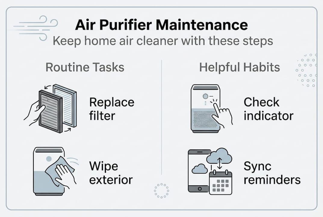Infographic summarizing air purifier maintenance steps