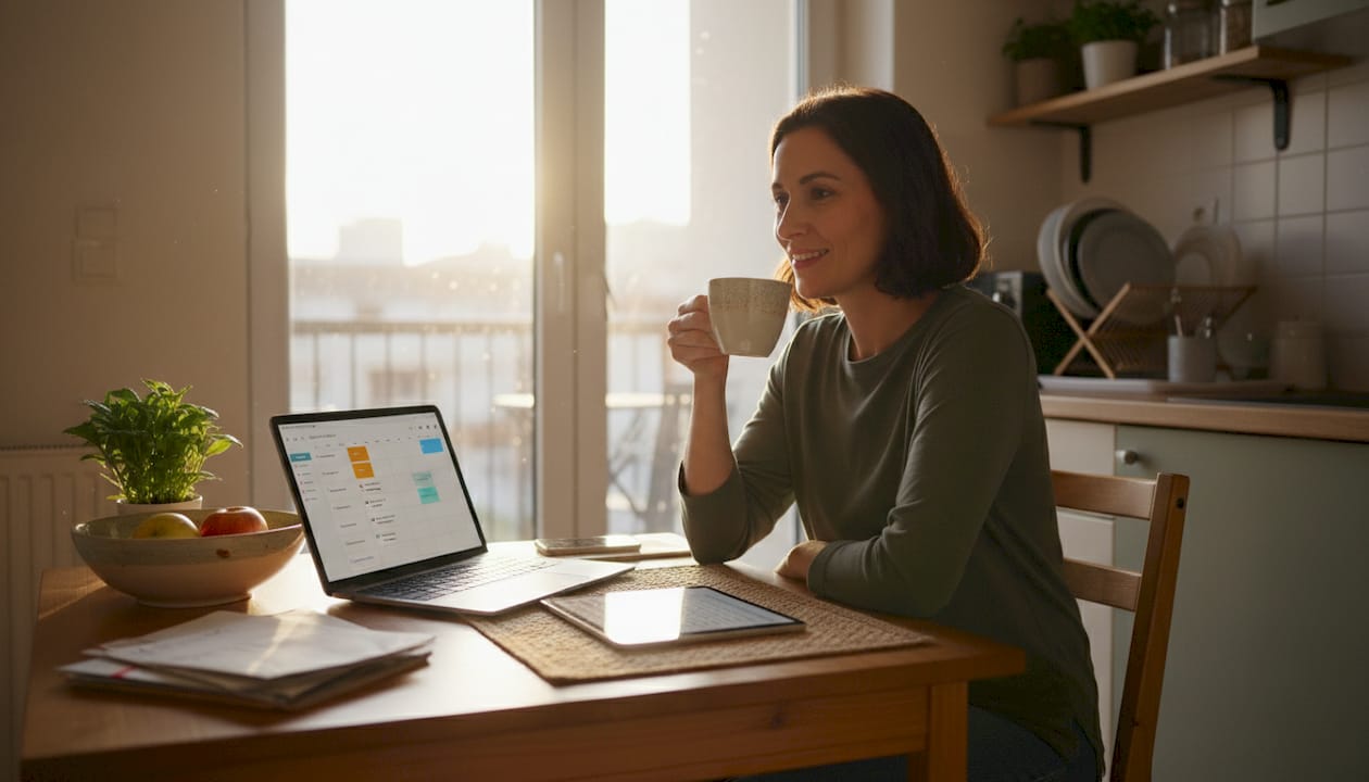 Woman plans air quality tasks at kitchen table
