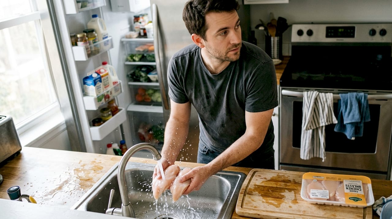 Man rinsing raw meat at kitchen sink