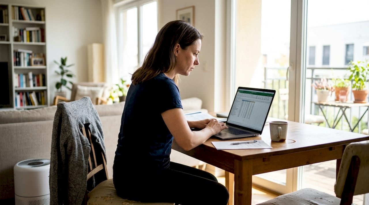 Woman reviewing spreadsheet in home workspace