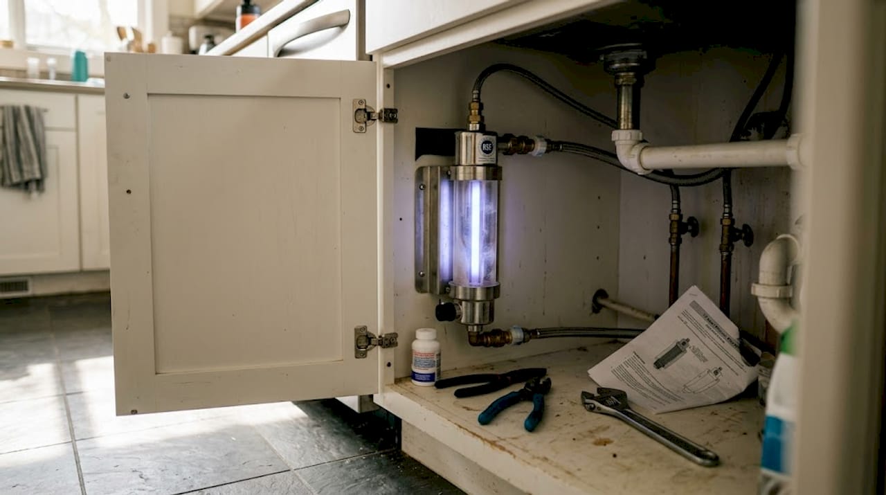 UV filter installed beneath home kitchen sink