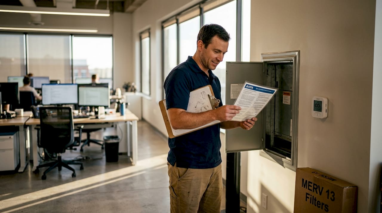 Technician referencing EPA air quality guidelines