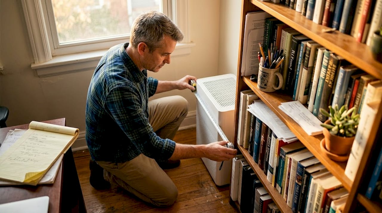 Man measuring air purifier space in office