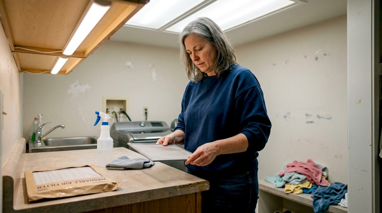 Woman inspecting washable air filter laundry
