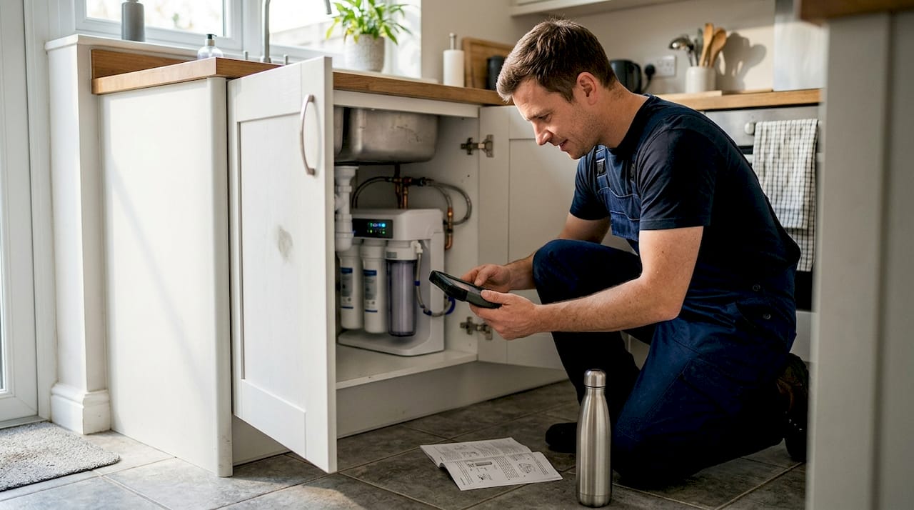Technician examining smart water filter system