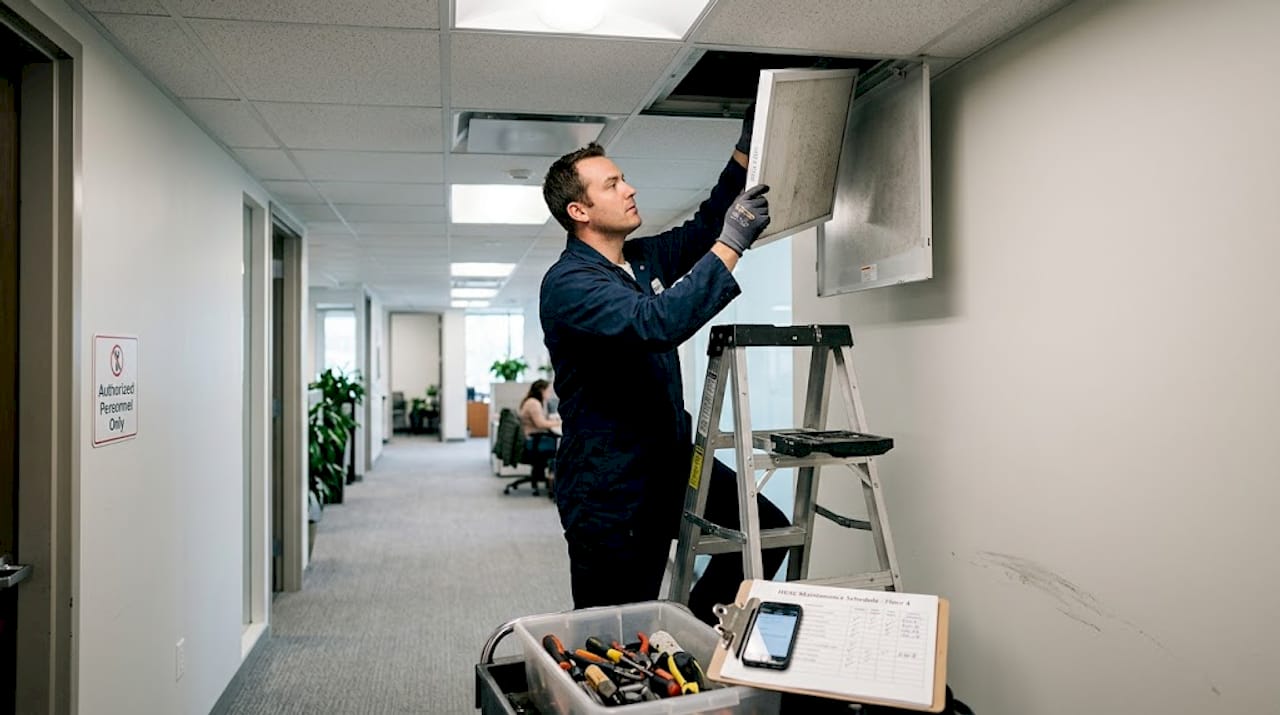 Technician changing hepa filter in office ceiling