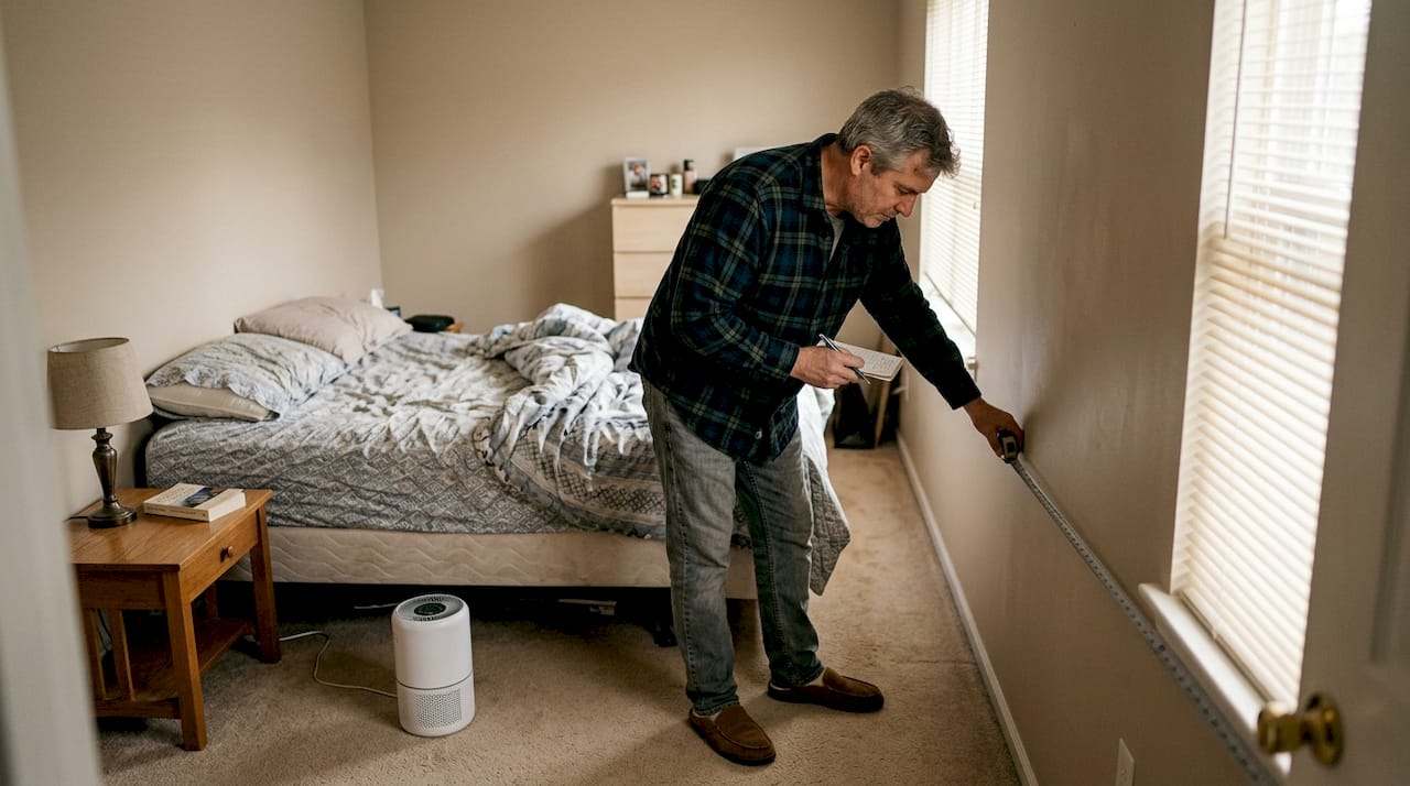 Man measuring bedroom for proper air purifier sizing