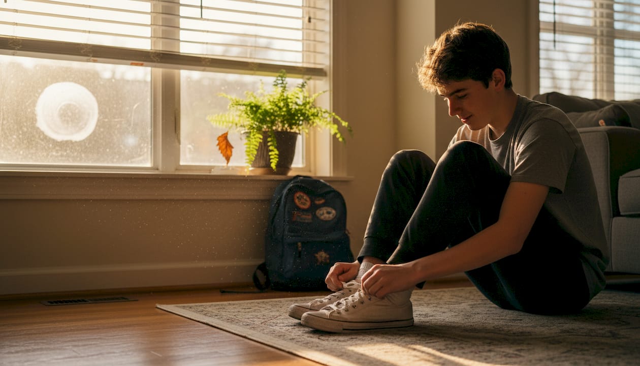 Young person near window with visible dust