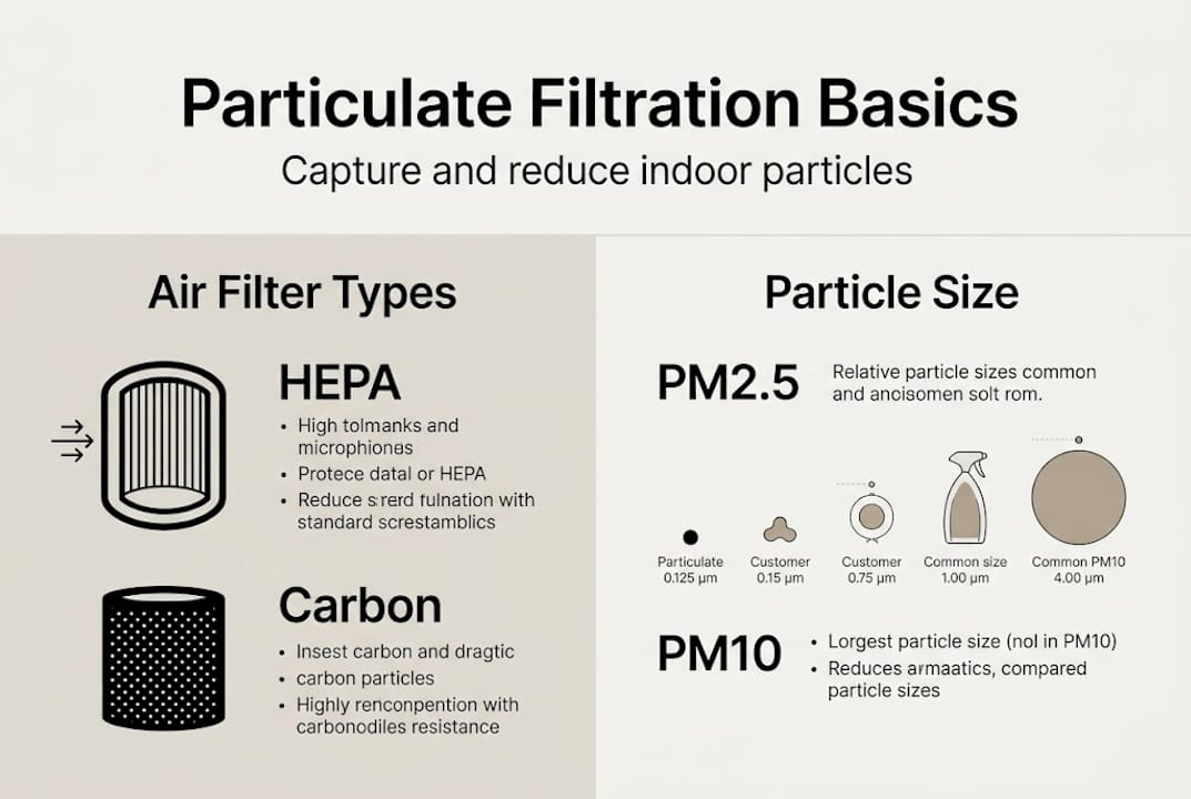Infographic with air filter types and particle sizes